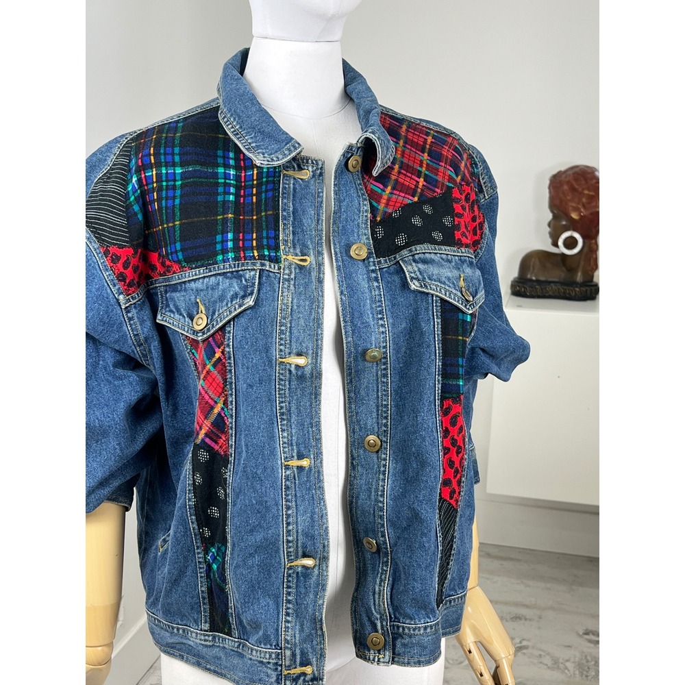 Carole Little Jean Jacket Patchwork Detail Pockets Size L 100% Cotton
